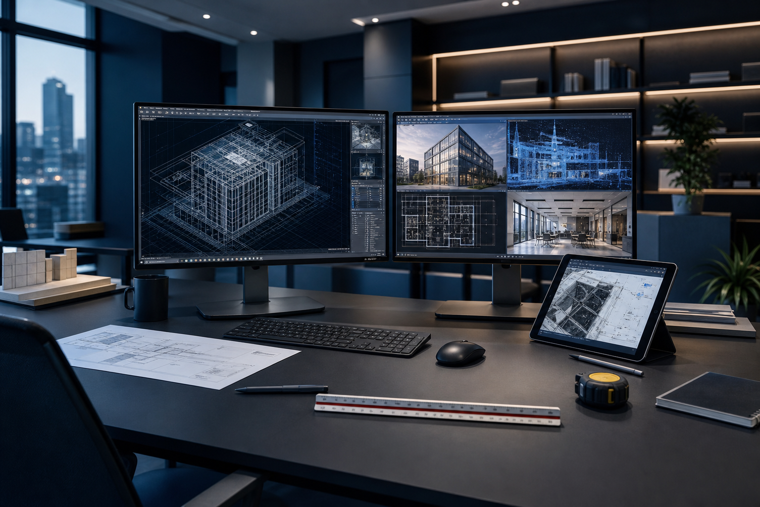 Office workspace with three monitors displaying architectural blueprints and building images, along with a tablet, keyboard, mouse, measuring tape, pen, notebook, and architectural plans on the desk.