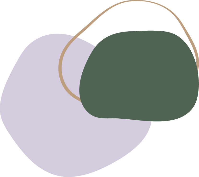 Abstract digital illustration with overlapping rounded shapes in pastel purple, dark green, and beige.