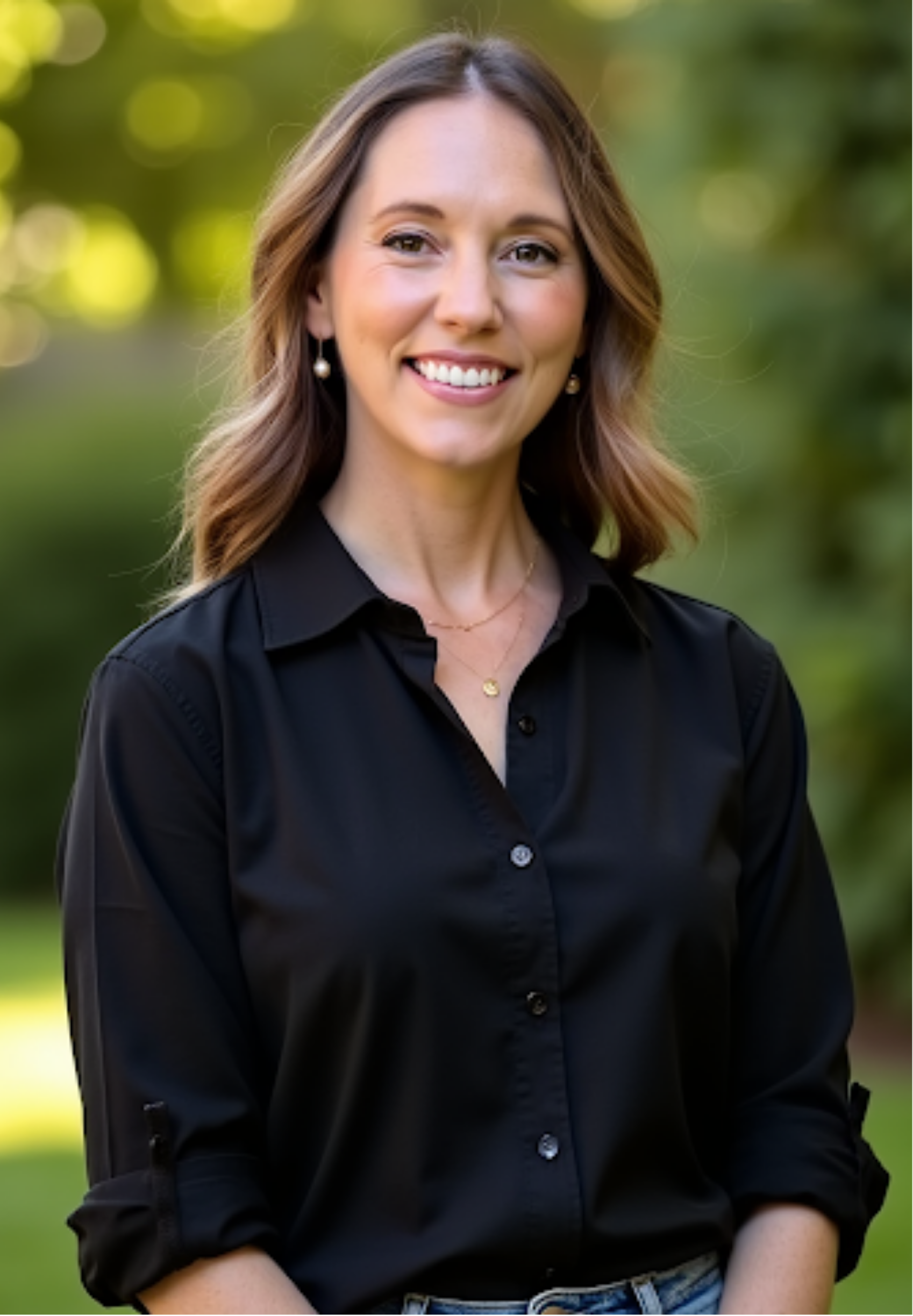 Mary Avant, with shoulder-length light brown hair smiling outdoors on a sunny day. She is wearing a black button-up shirt, earrings, and a necklace, standing against a background of green trees and blurred sunlight.