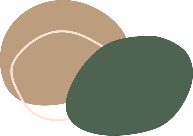 Two overlapping circles, one beige with a pink outline, and one dark green.