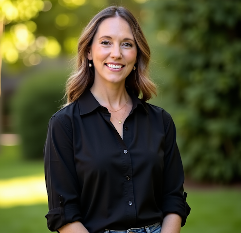 Mary Avant, with long hair and a black blouse smiling outdoors with green trees in the background.