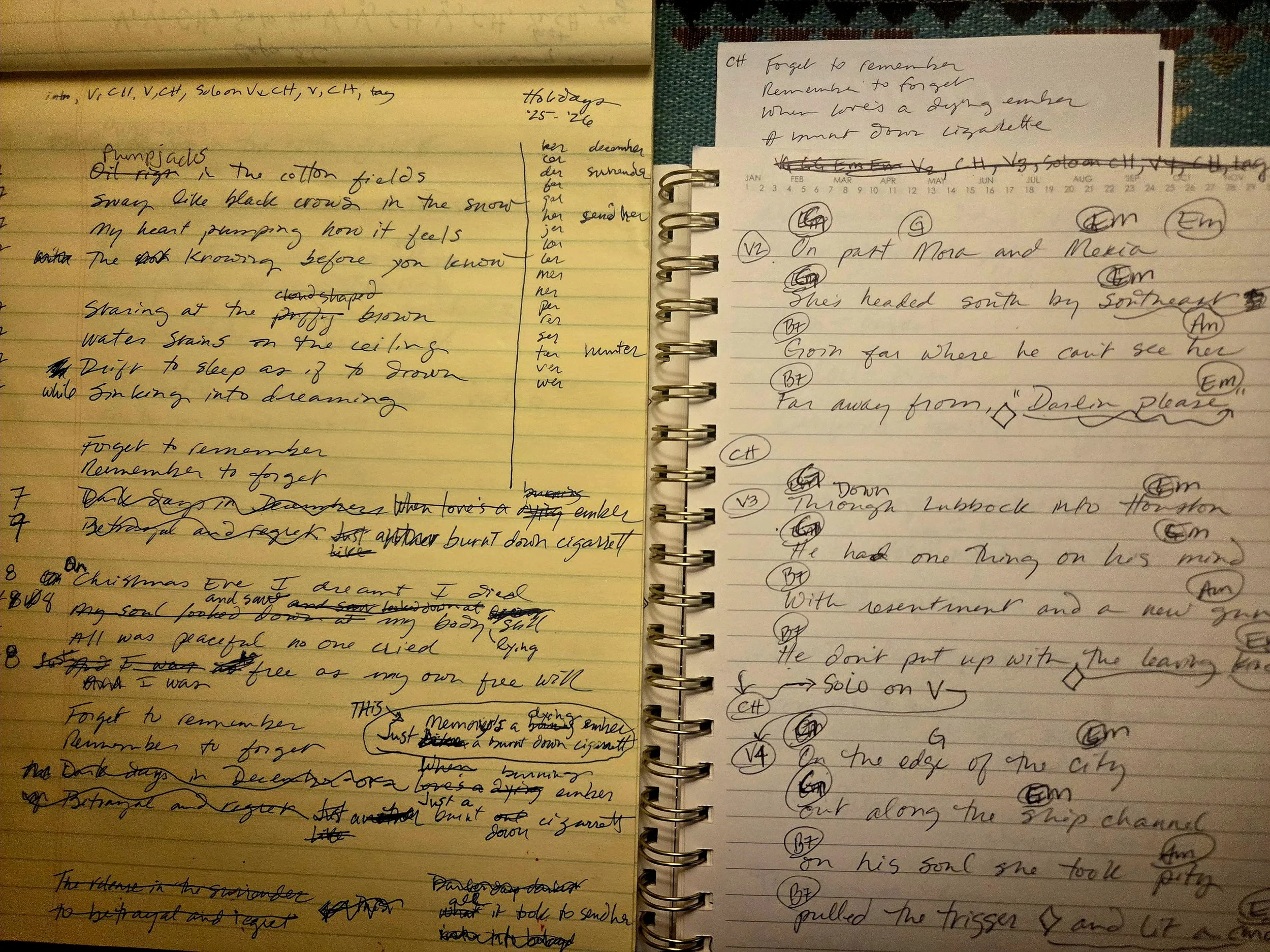 Open notebook pages filled with handwritten notes, signatures, and crossed-out sections. The left page has yellow-lined paper with handwritten notes, while the right page has white-lined paper with notes and circled annotations.
