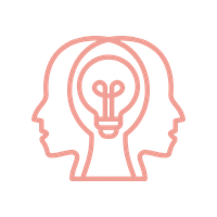 Line drawing of three overlapping human heads with a light bulb inside the central head