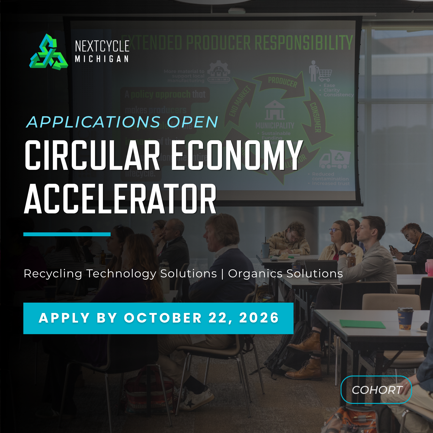 Social media graphic announcing the application period for the Circular Economy Accelerator