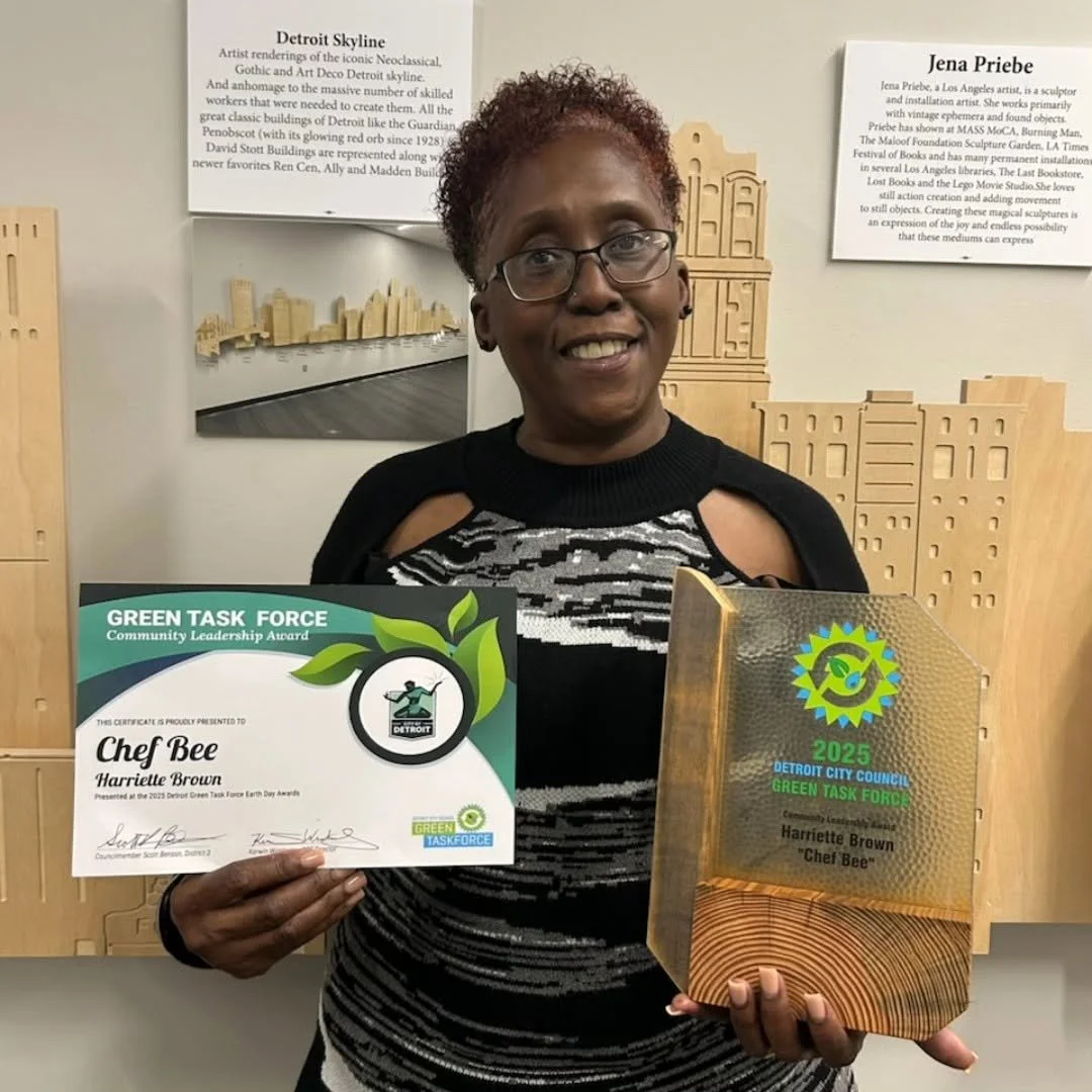 Chef Bee from Sisters on a Roll with the 2025 Detroit City Council Green Task Force Community Leadership Award.