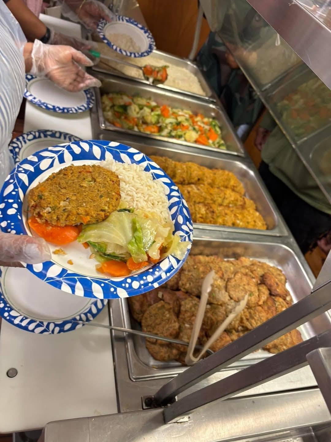 Food being served from a buffet style offering.