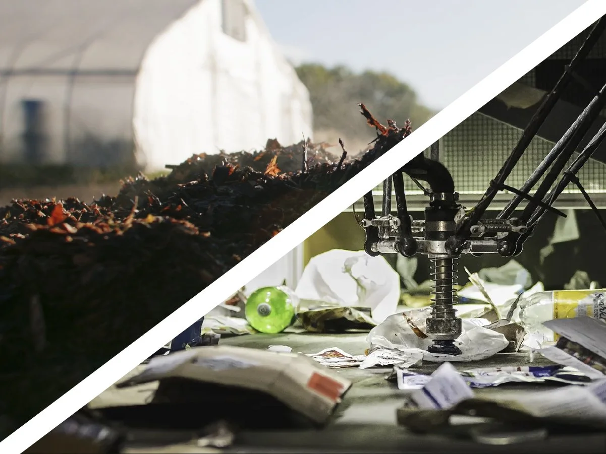 image divided in half with hoop house and compost pile on one side, and robotic materials recovery facility equipment on the other