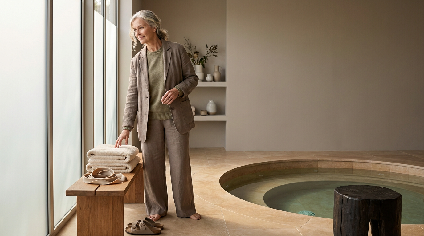 Une femme âgée en vêtements beige et gris, souriante, se tient près d'une table avec des serviettes propres et des sandales, dans une pièce lumineuse avec une petite piscine intérieure.