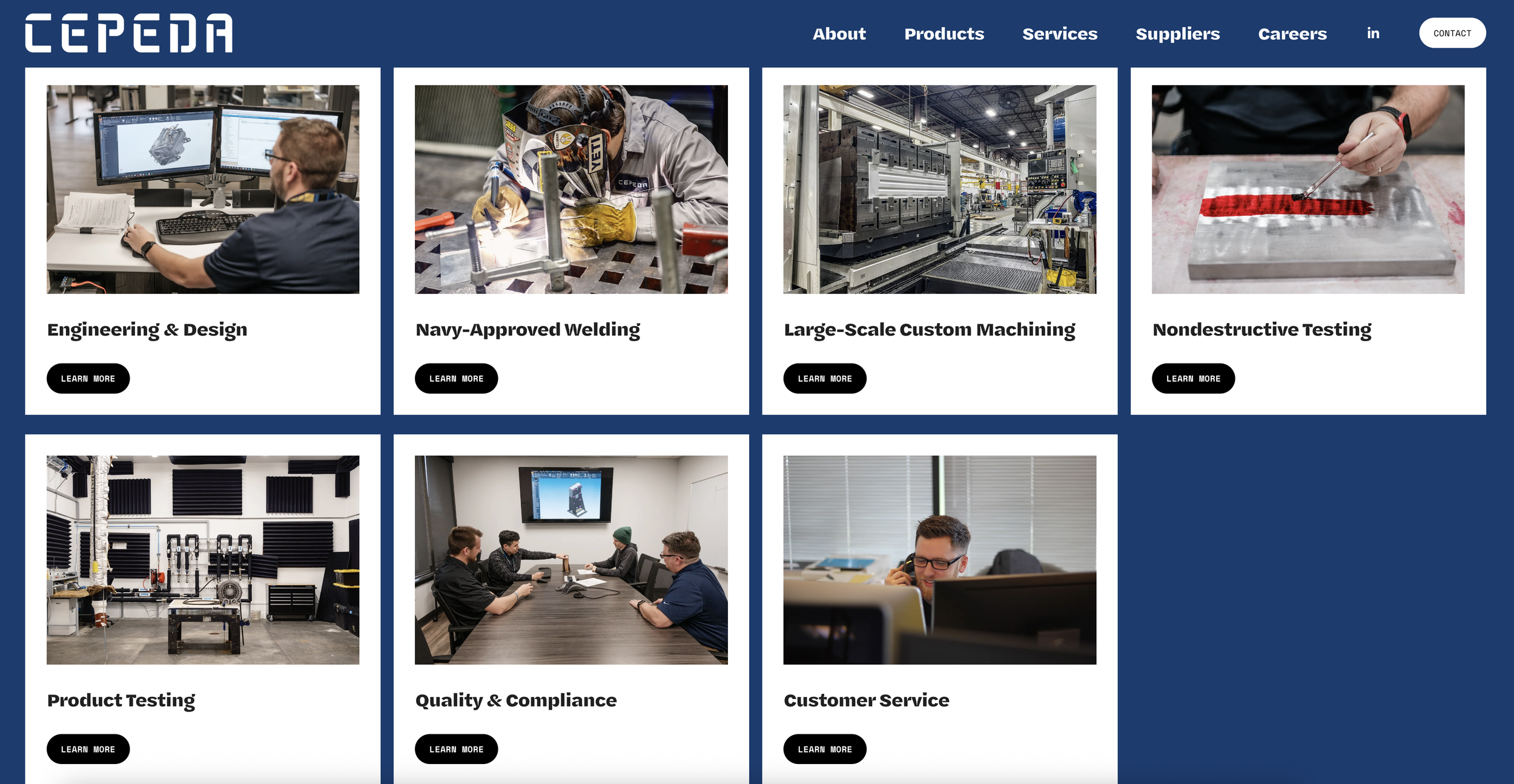 A website homepage featuring various industrial and engineering-related images with sections titled 'Engineering & Design,' 'Navy-Approved Welding,' 'Large-Scale Custom Machining,' and 'Nondestructive Testing,' each with a 'Learn More' button.