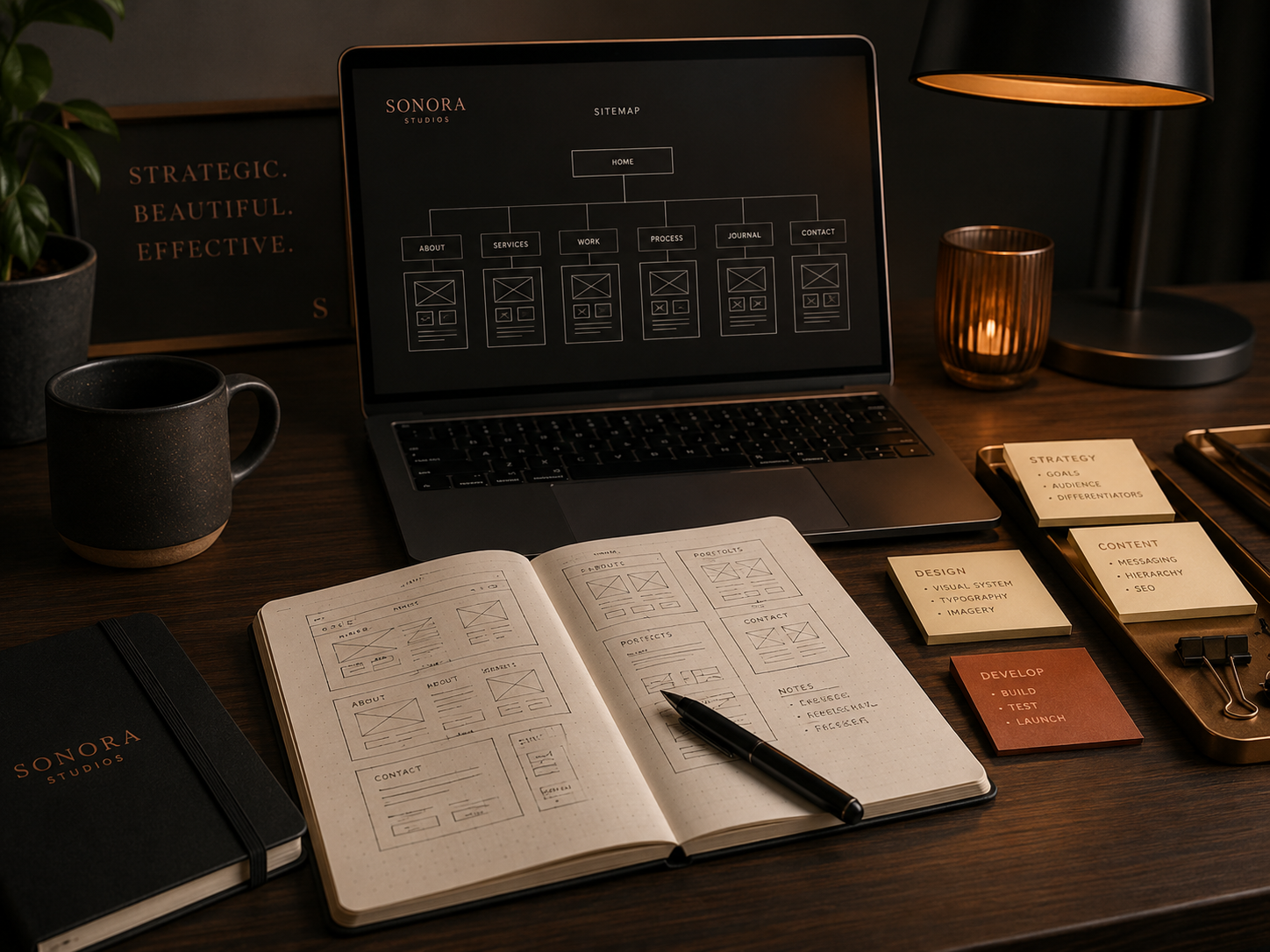 Website strategy workspace with sitemap, wireframes, content planning notes, and design materials