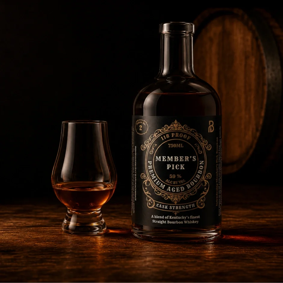 Member’s Pick bourbon bottle and tasting glass created for the Bourbon Bundle membership program