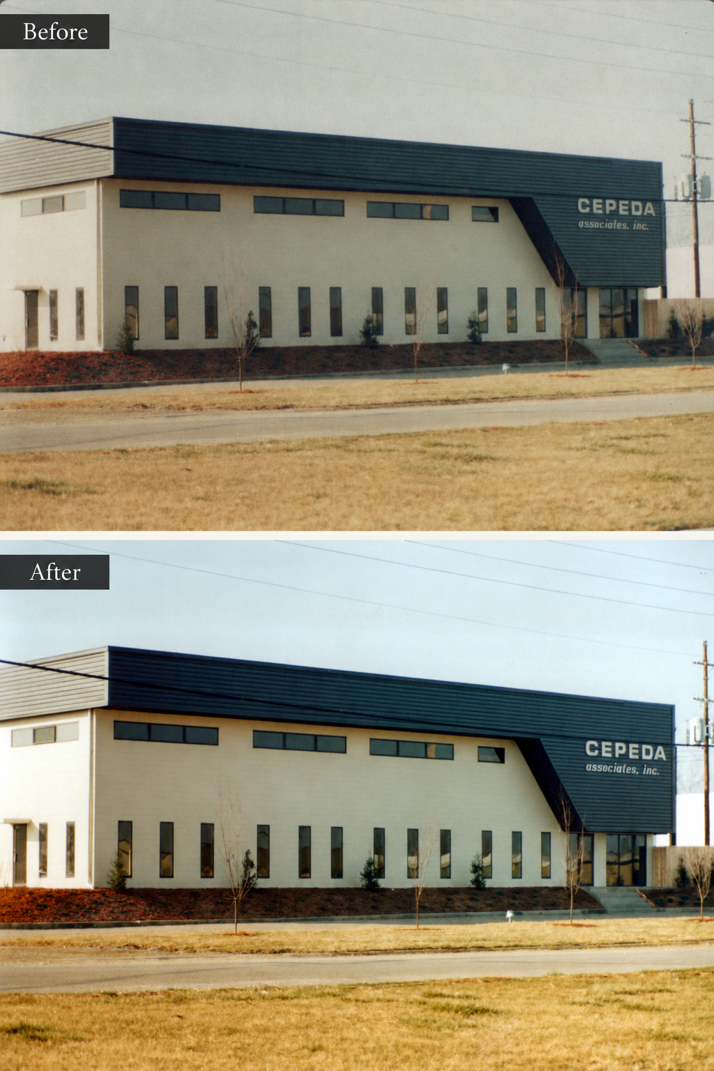 Before-and-after comparison of a restored archival photograph showing the CEPEDA Associates building.