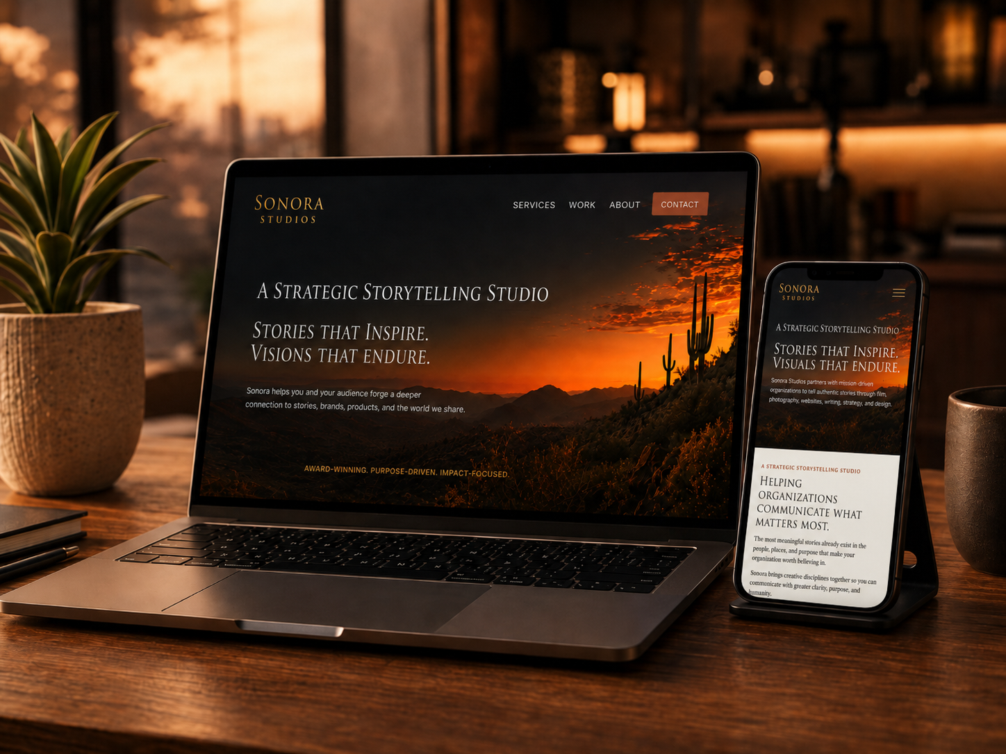 Sonora Studios website displayed on a laptop and mobile phone