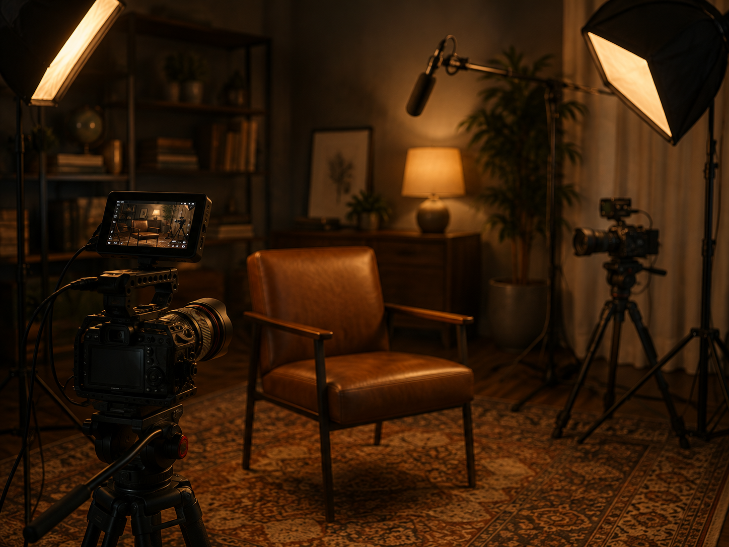 Professional camera and lighting setup prepared for an organizational video interview