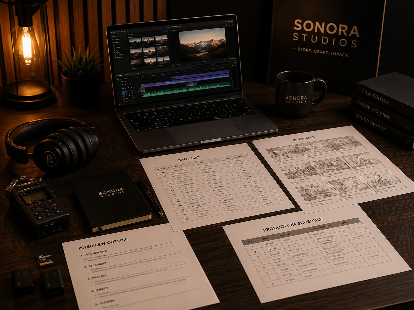 Video production workspace with editing timeline, storyboard, shot list, interview outline, and audio equipment