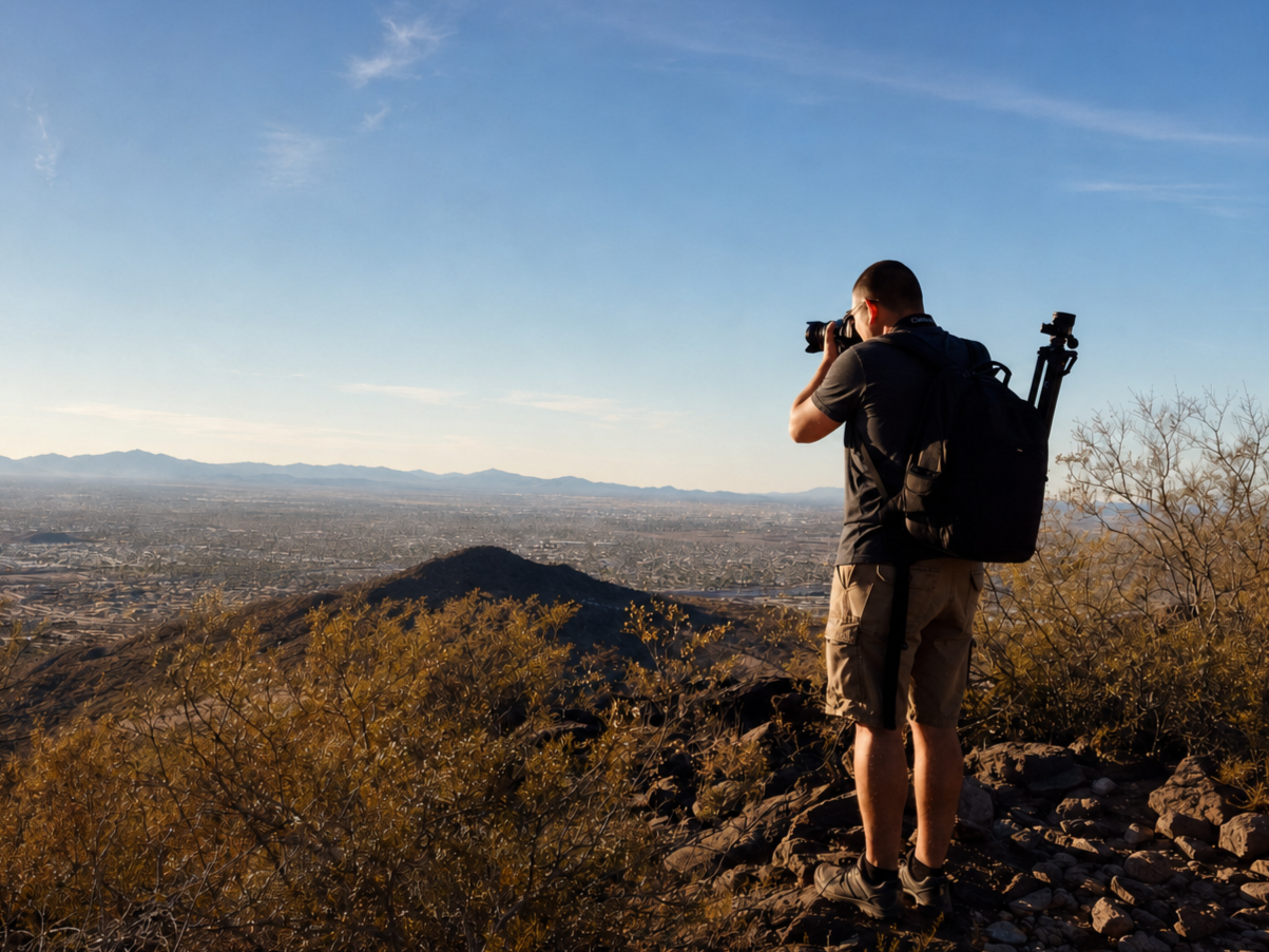 Sonora Studios photographer overlooking Tucson from a Sonoran Desert hillside