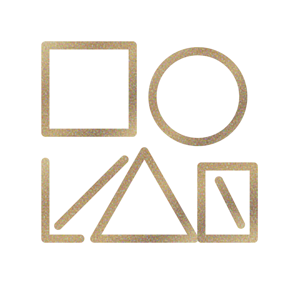 Four geometric shapes: a square with a plaid pattern, a circle with a striped pattern, a triangle with a gradient, and a small rectangle with a plaid pattern against a black background.