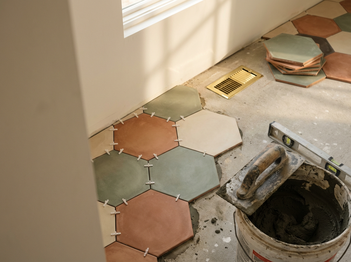 Hexagonal tiles in shades of green, orange, beige, and black are being installed on a concrete floor in a room with natural light. Some tiles are stacked nearby, and a level and trowel with mortar are also visible.
