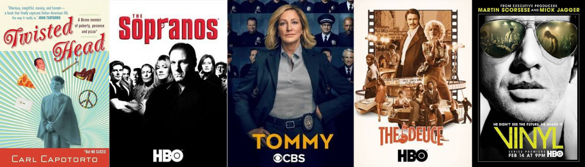Streaming platform promotional image featuring five TV show posters: 'Twisted Head' with a person in a costume on a colorful background; 'The Sopranos' with a black-and-white photo of several characters; 'Tommy' with a woman in a police uniform; 'The Deuce' showing a man and woman sitting on a table outside a building; and 'Vinyl' with a close-up of a man's face wearing sunglasses, all displayed in a row.