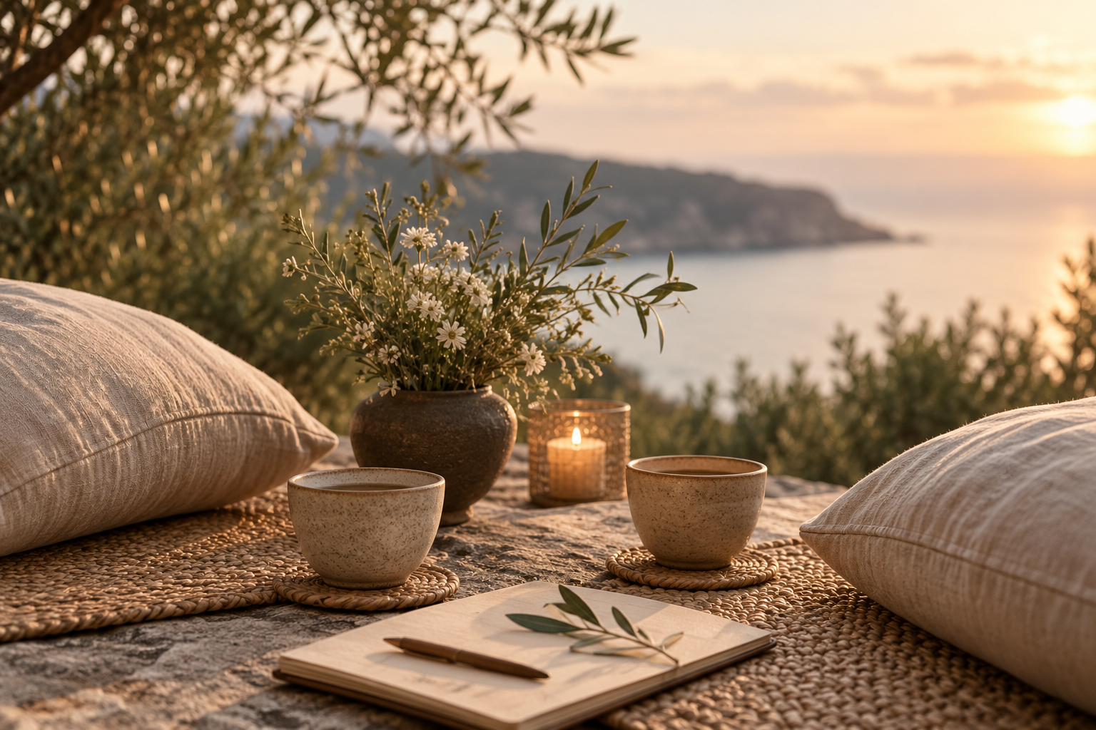 A cozy outdoor setup with pillows, cups, a notebook with a leaf and pen, a vase of white flowers, a candle, and a scenic view of the ocean and cliffs at sunset.