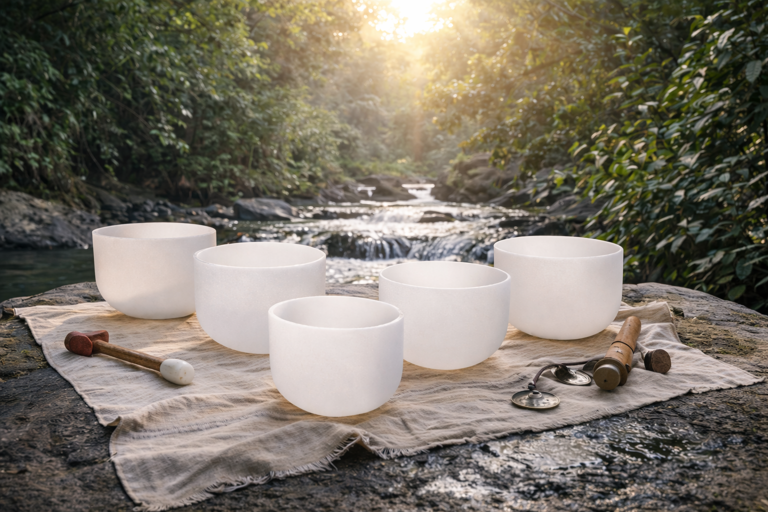 Six white singing bowls placed on a beige cloth outdoors near a river, with a wooden mallet and a tuning fork nearby, surrounded by lush greenery and sunlight filtering through trees.