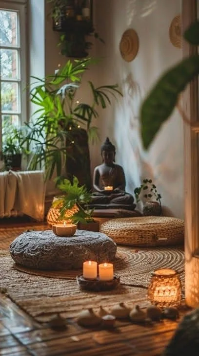 A cozy room corner with a Buddha statue, candles, plants, and woven decor items on a wooden floor.