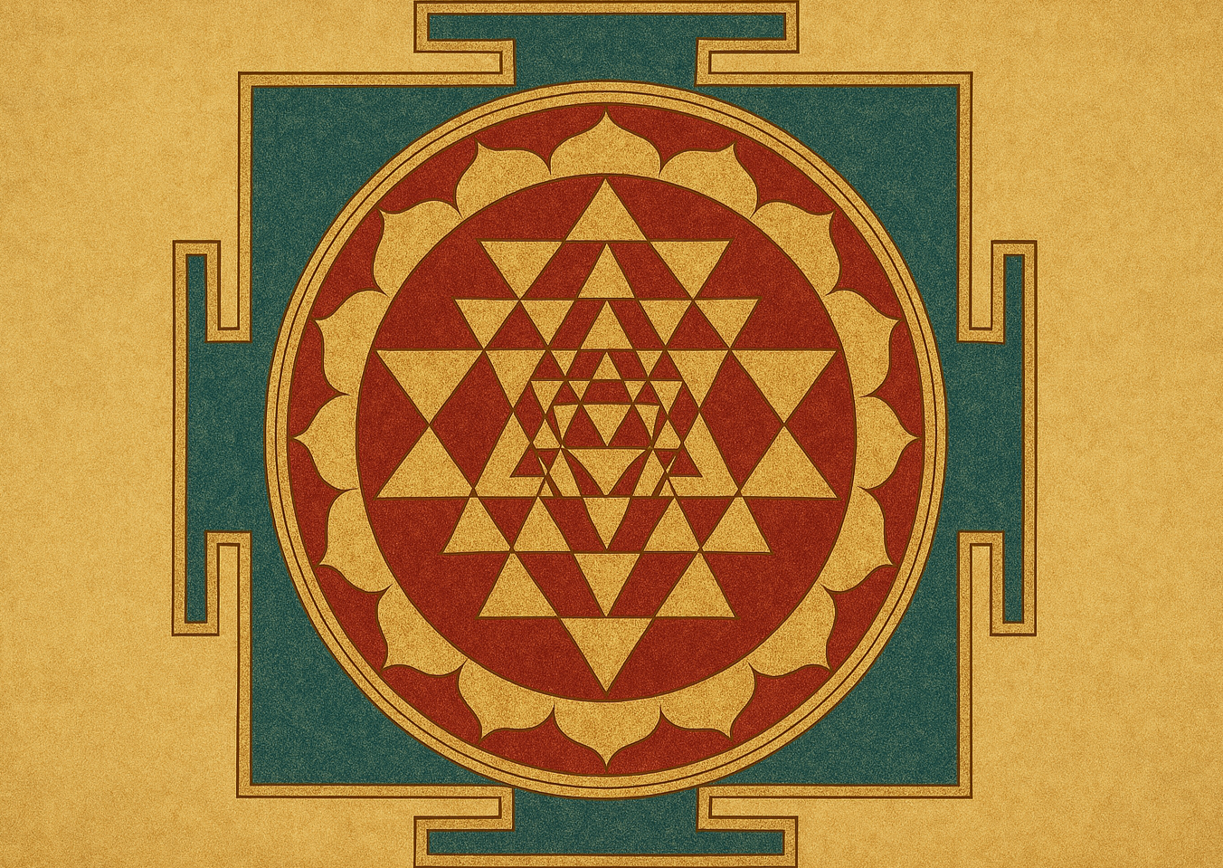 A traditional Buddhist mandala with geometric patterns and a central star, framed by a decorative border and set on a yellow background.