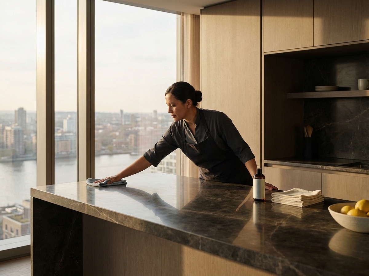 A woman in a black apron is cleaning a marble kitchen countertop near a floor-to-ceiling window with a city view, while a bowl of lemons, a bottle of cleaning spray, and folded towels are on the counter.