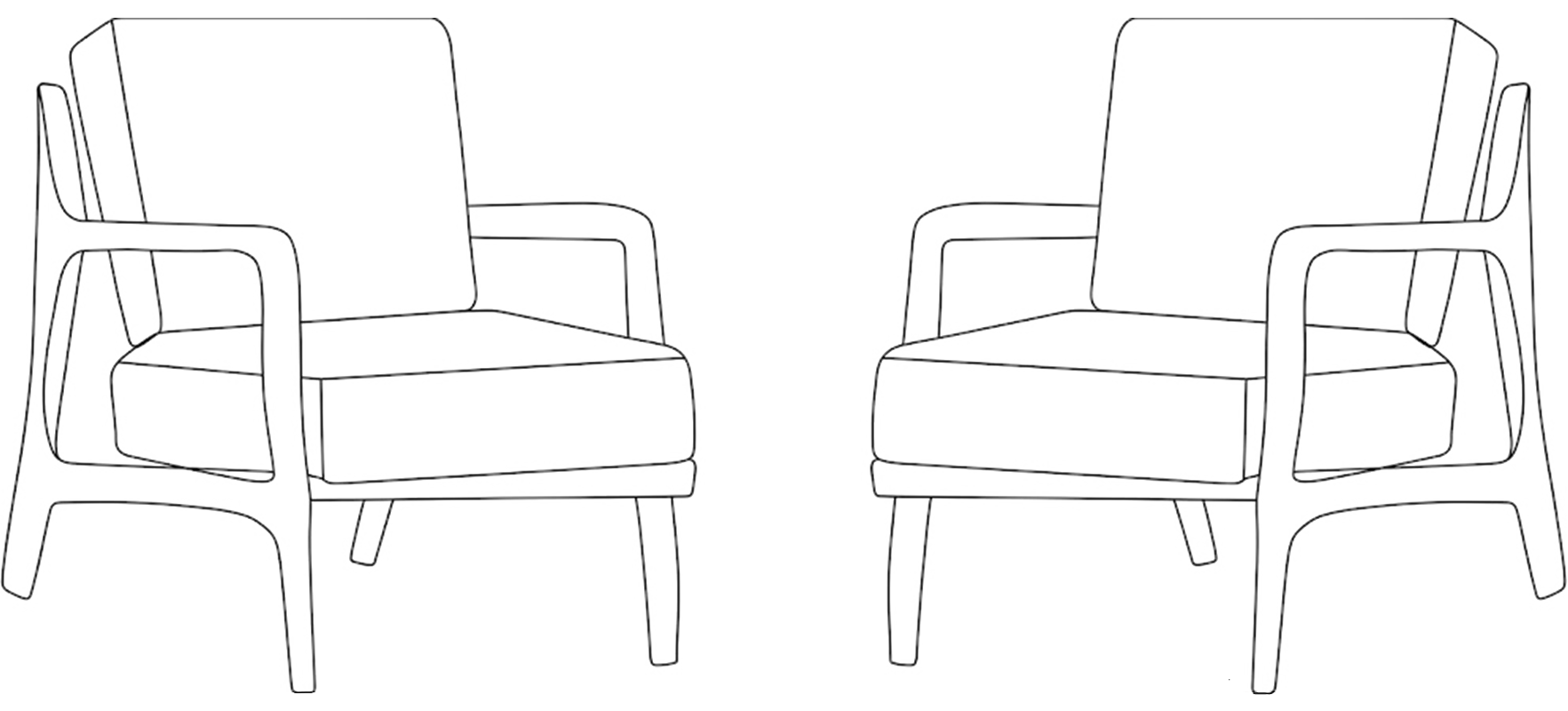 Line drawing of two identical mid-century modern armchairs facing each other, with a small table between them.