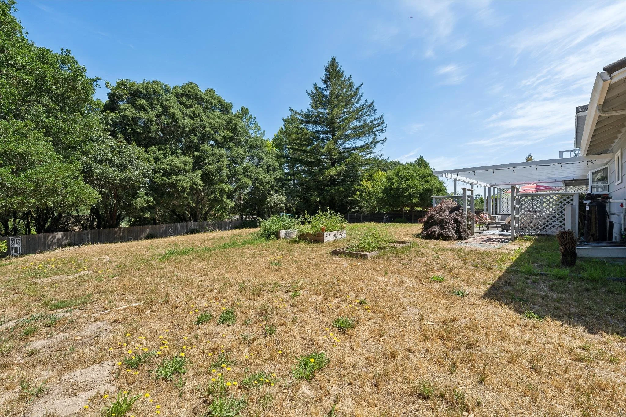 A backyard with a lawn, trees, and a white house with a covered patio and outdoor furniture under a blue sky.