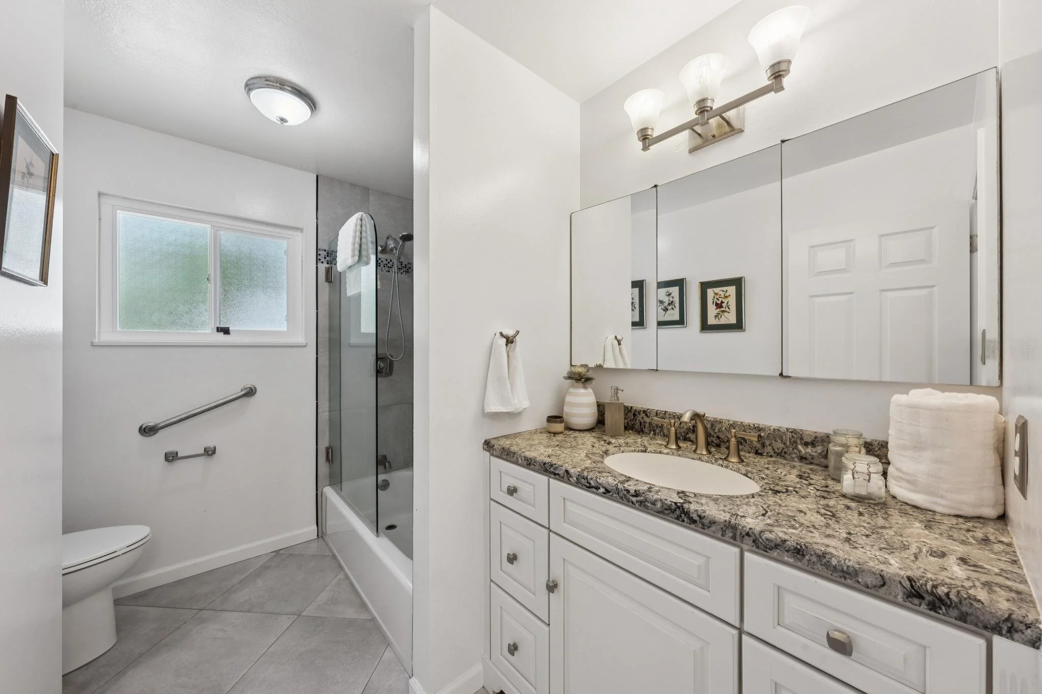 Bathroom with a granite countertop vanity, a large mirror, framed botanical artwork, a glass shower with a frosted window, and a toilet. The room has white walls, a ceiling light, and a brushed nickel light fixture with three glass shades.