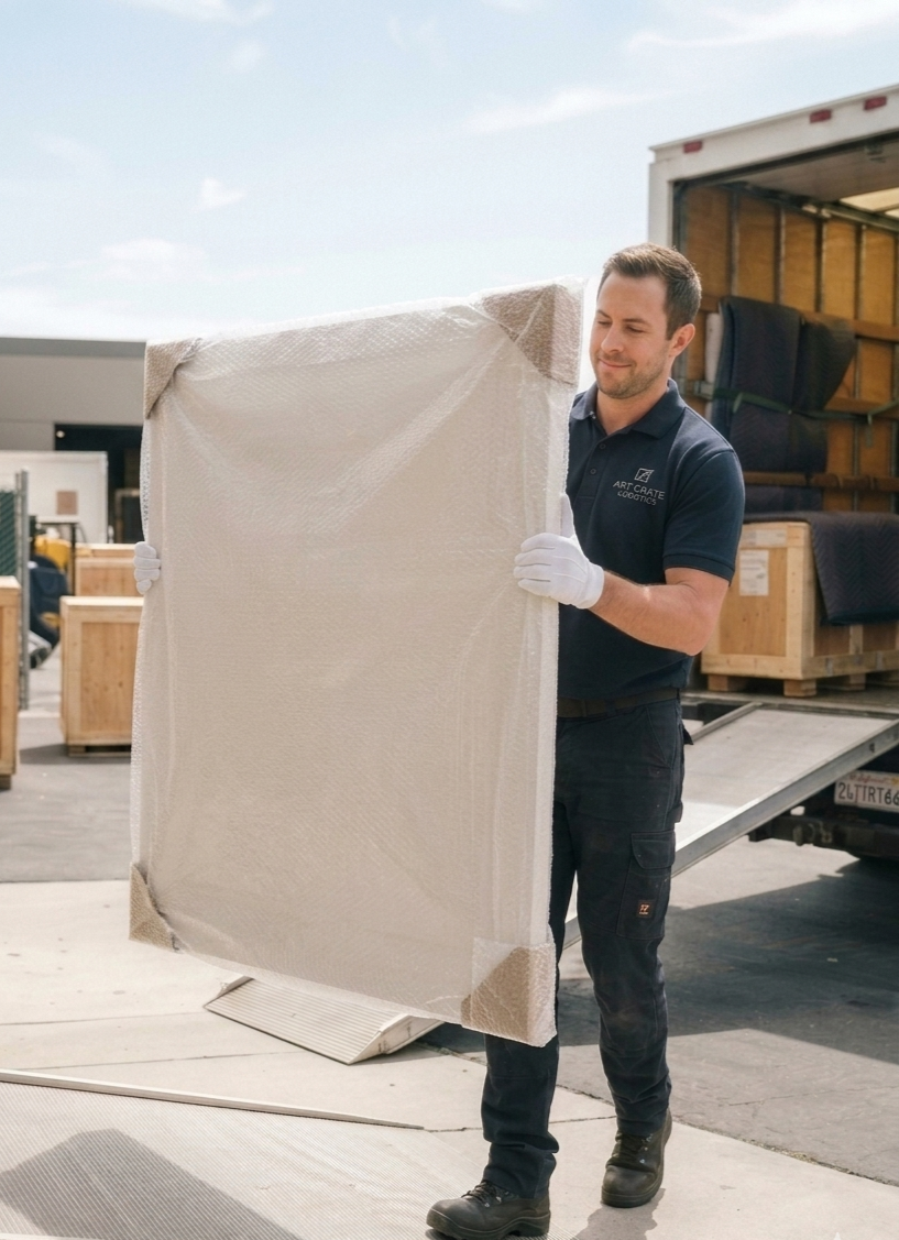 A man wearing a navy polo and gloves carrying a wrapped large item out of a truck in an outdoor area with crates and equipment.