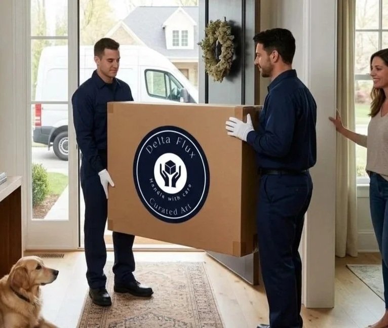 Two men in blue uniforms and a woman are moving a large cardboard box into a house. The box has a logo that says 'Delta Flux Curated Art' with a hand holding a cube. A dog is sitting on the floor watching them, and a woman is standing near the door, smiling.