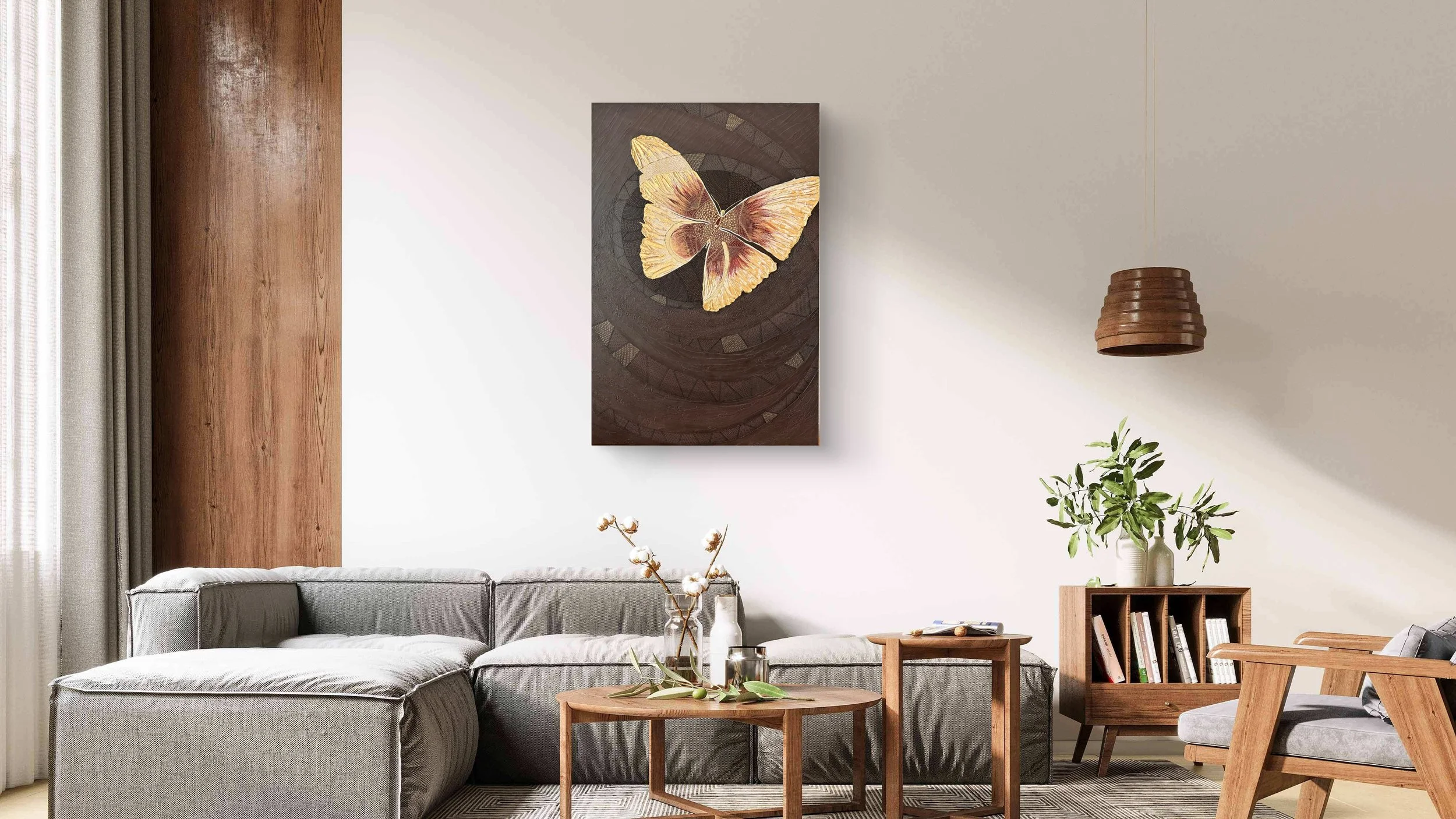 Living room with a gray sofa, a wooden side table, a potted plant, a large butterfly artwork on the wall, a wooden pendant light, and beige curtains.