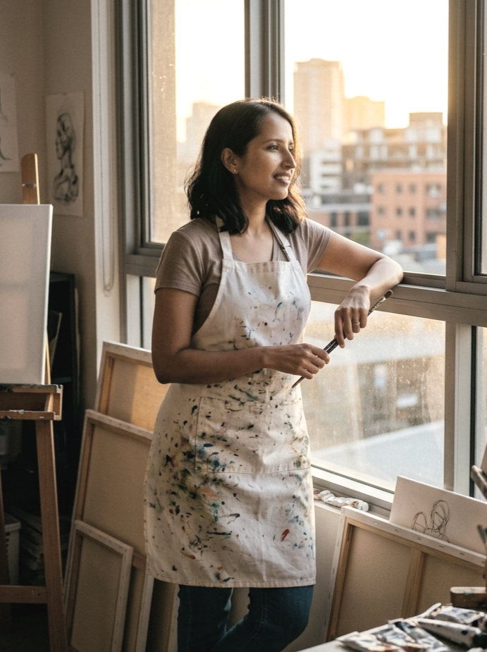A woman with shoulder-length dark hair and a beige T-shirt stands near a large window in an art studio, smiling while holding a paintbrush. She wears a white apron splattered with paint and looks out at the city skyline during sunset.