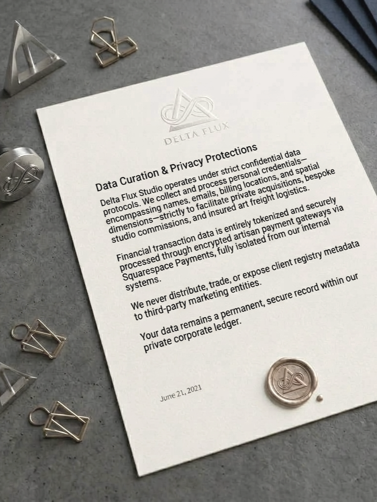 A sheet of paper titled "Data Curation & Privacy Protections" from Delta Flux Studio, with a logo at the top. The paper discusses confidentiality, data management, and privacy policies. Surrounding the paper are metal paper clips and a silver wax seal with the Delta Flux logo, placed on a gray surface.