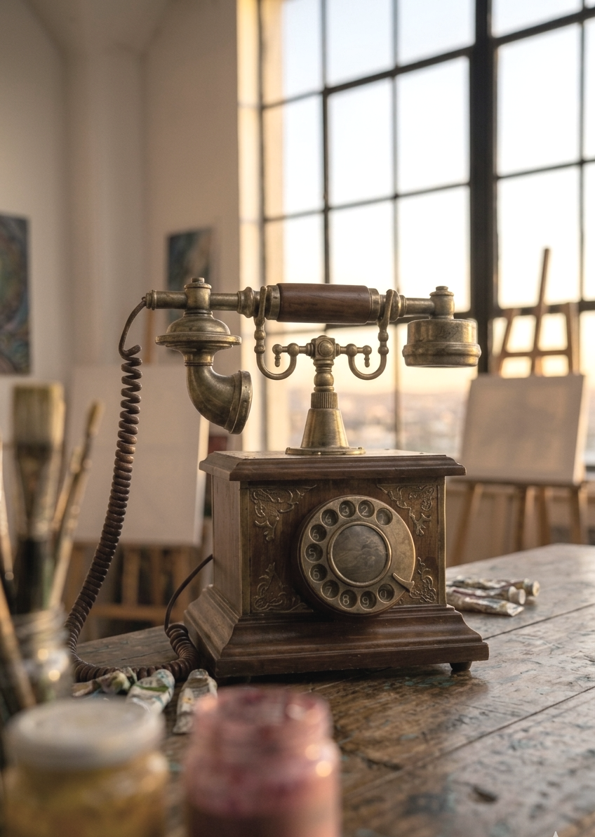 Vintage rotary dial telephone on a wooden table, surrounded by paint jars and brushes, with large windows and art easels in the background.