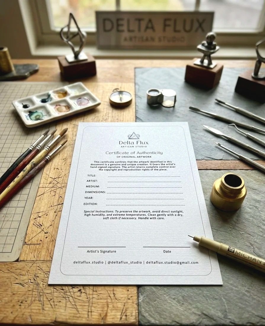 Art studio workspace with watercolor paints, brushes, and a certificate of authenticity for artwork from Delta Flux Antisan Studio, displayed on a wooden table near a window.