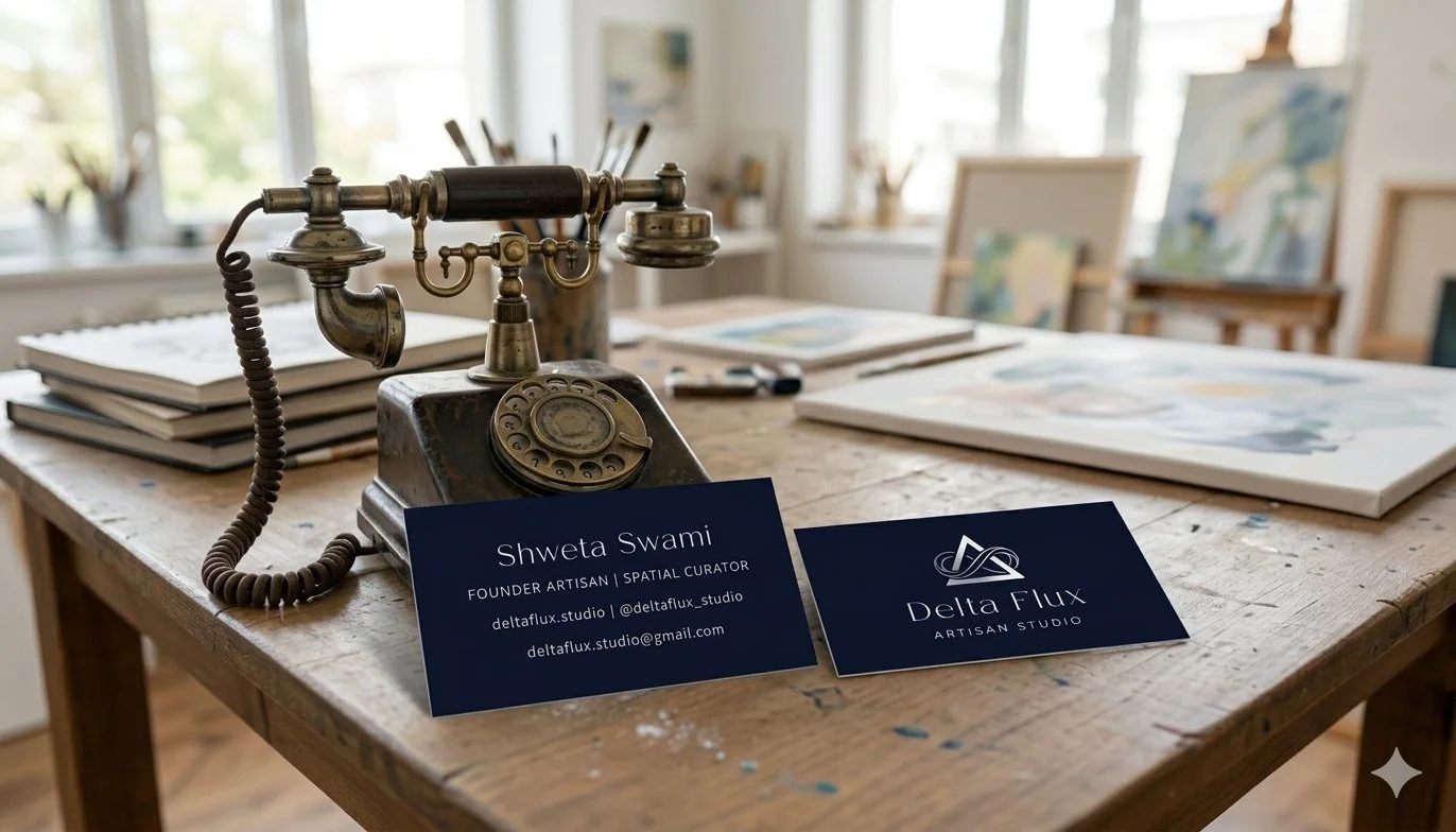 Vintage telephone on a wooden table with business cards and paintings in the background at an art studio.