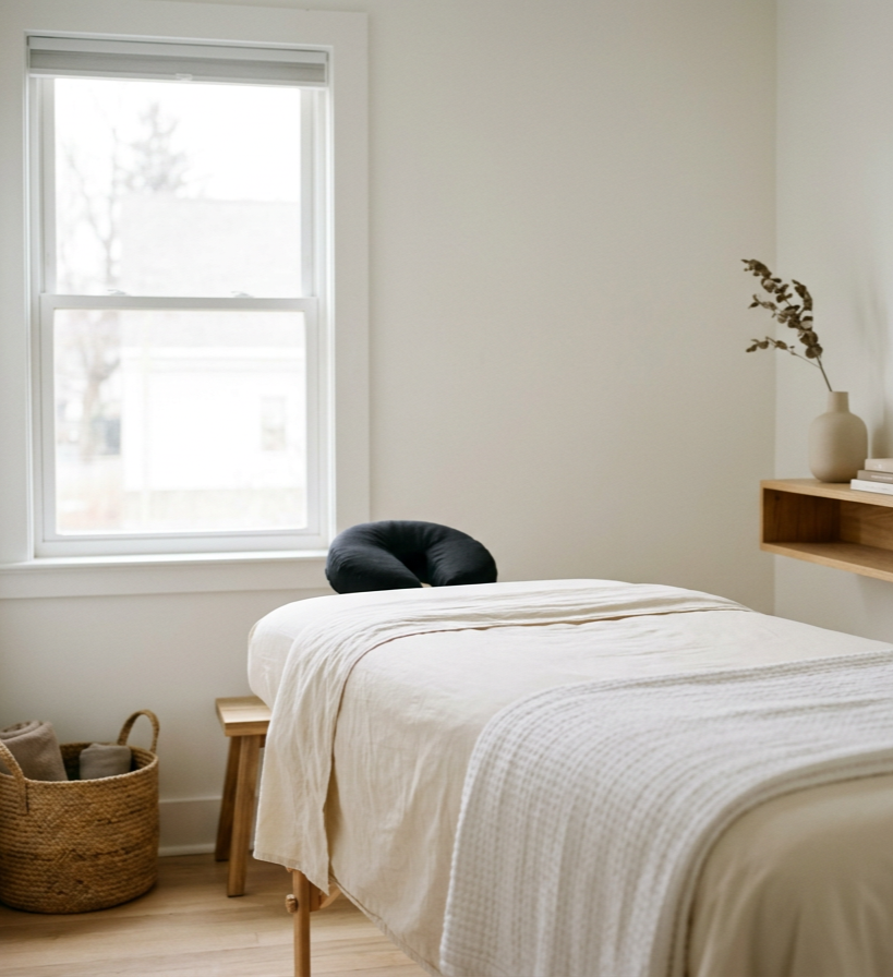 A bedroom with a window, a bed with beige bedding, a small wooden side table, a black neck pillow on the bed, a woven basket near the window, a wall-mounted shelf with books, and a vase with dried leaves.