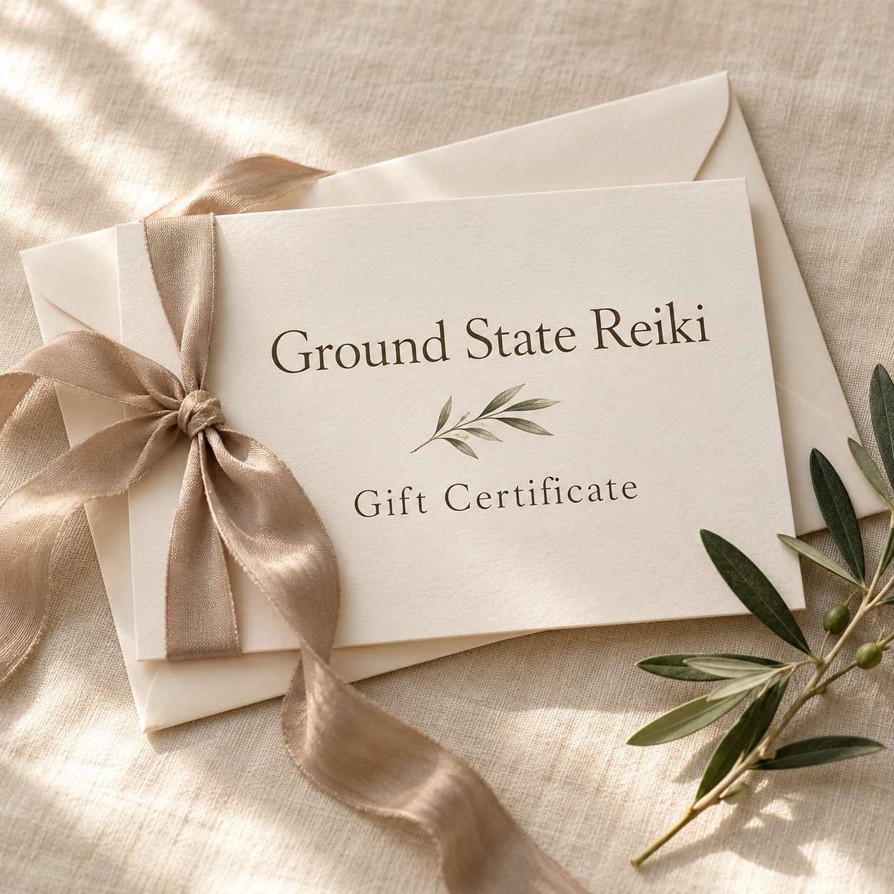 Ground State Reiki gift certificate with a beige satin ribbon and olive branch on a fabric surface