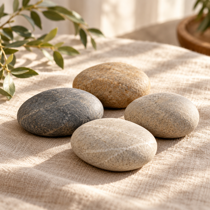Four smooth, rounded stones of different colors and sizes arranged on a linen background on a beige fabric surface with green leaves in the background.