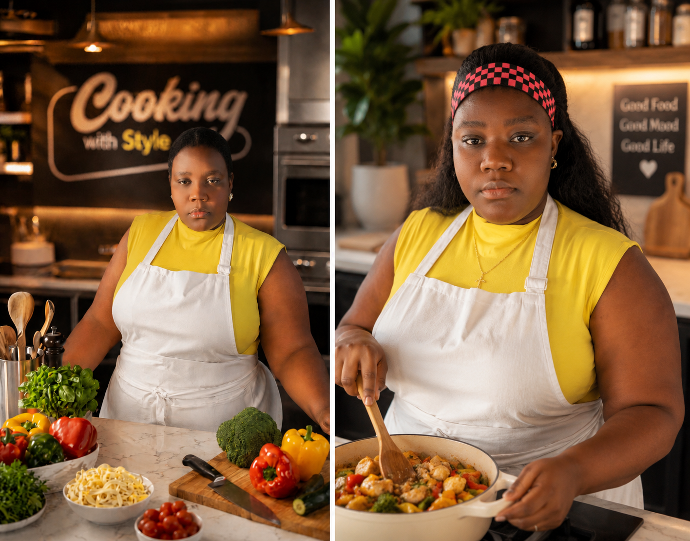 Two women in yellow shirts and white aprons in a kitchen. The woman on the left stands behind a counter with fresh vegetables and pasta, while the woman on the right stirs a dish in a white casserole dish.