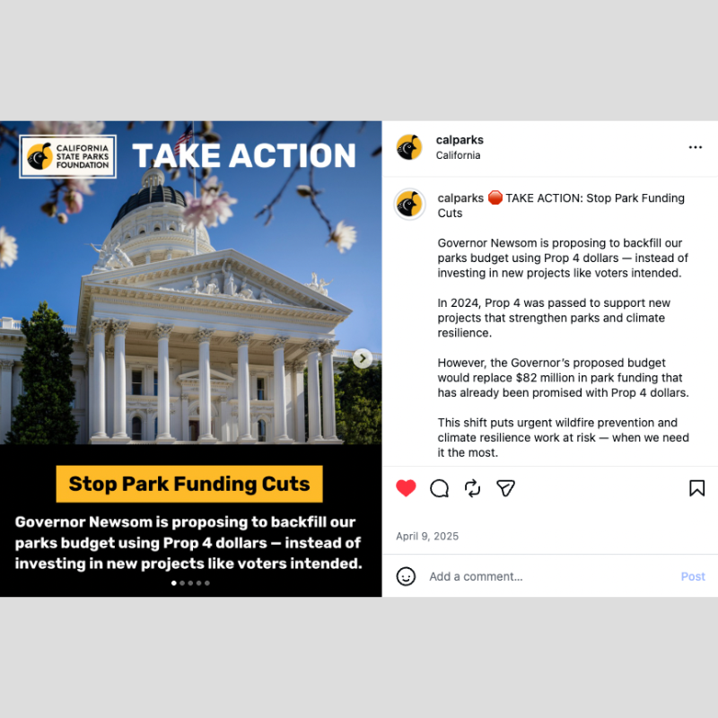 California State Parks Foundation advocacy form urging supporters to oppose cuts to Proposition 4 funding for wildfire prevention, forest resilience, and climate projects in state parks.