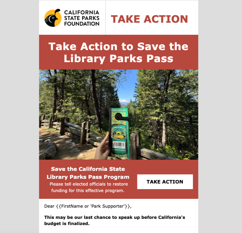 California State Parks Foundation advocacy email asking supporters to help save the Library Parks Pass by contacting elected officials.