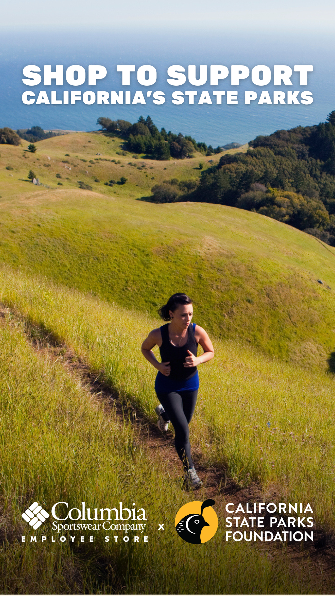 A person runs along a trail through coastal hills beneath text reading “Shop to Support California’s State Parks,” with Columbia Sportswear and California State Parks Foundation logos.