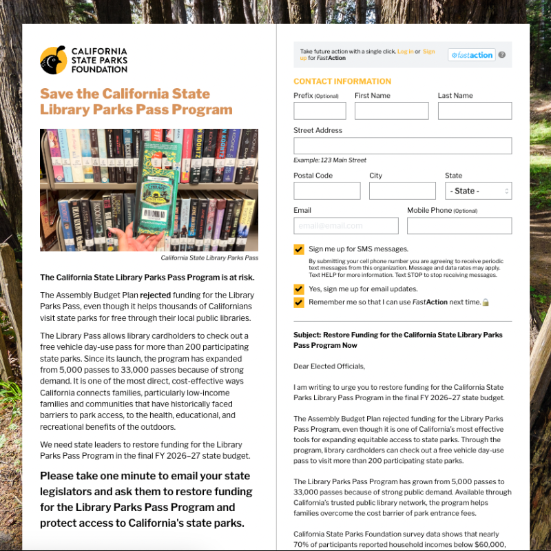 Online action form inviting Californians to email state legislators in support of restoring funding for the Library Parks Pass.