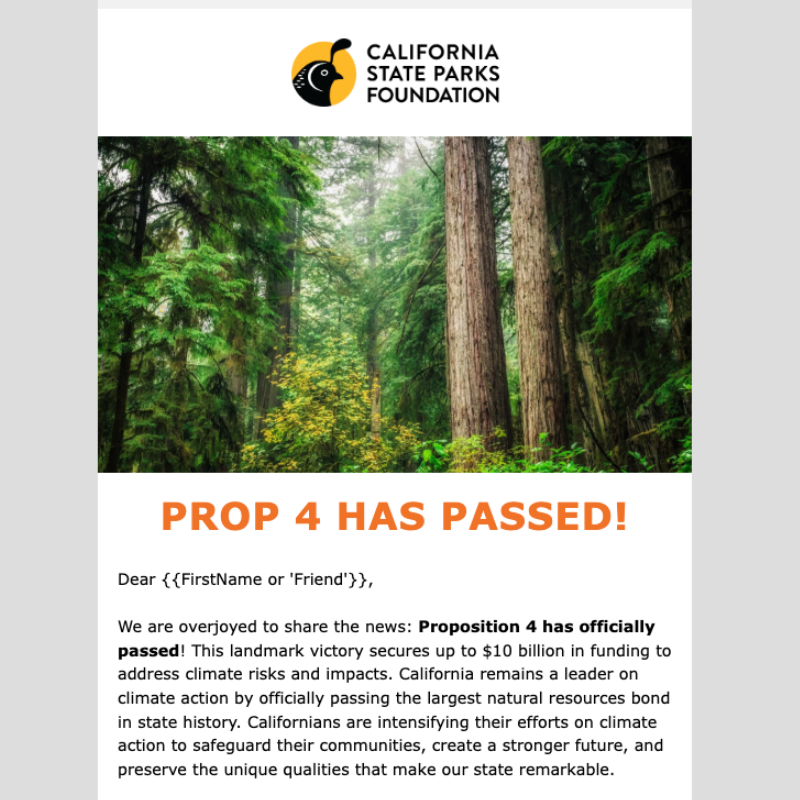 California State Parks Foundation email announcing that Proposition 4 passed and secured up to $10 billion for climate resilience, state parks, wildfire prevention, and clean water.