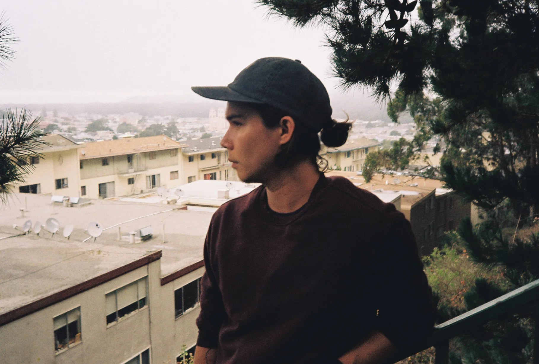 David Pierce with longer hair looking out over San Francisco from a wooded hillside on Mount Sutro.