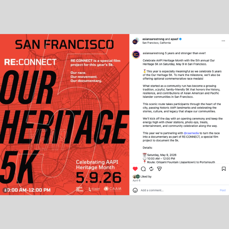 Instagram post promoting the fifth annual Our Heritage 5K and its RE:CONNECT documentary collaboration with CAAM.
